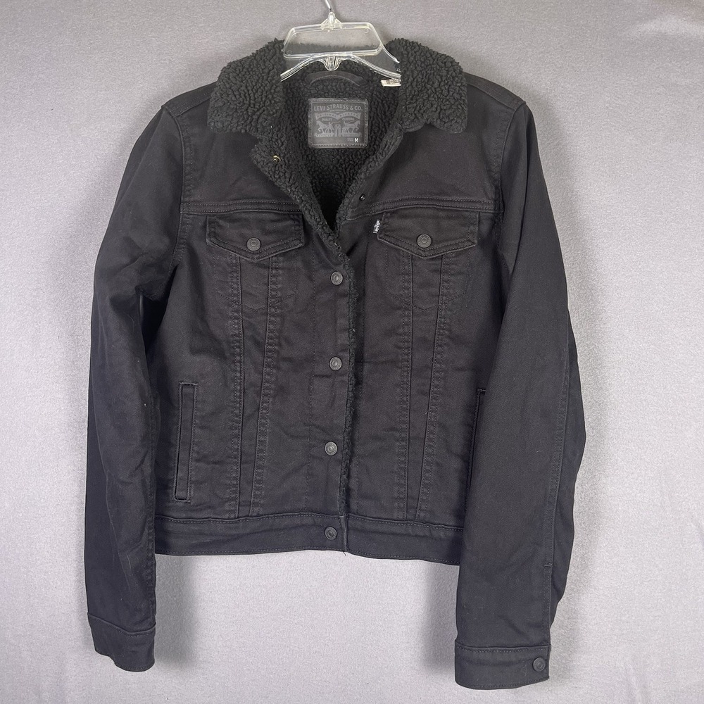 Levi's Premium Sherpa Trucker Jacket Women's Size‎ M Black Denim 100%Cotton
